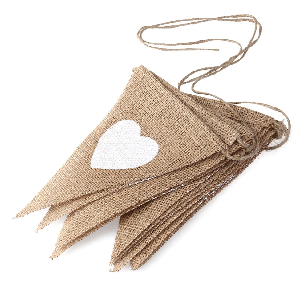13pcs Jute Fabric Bunting Banner white Heart Flags
